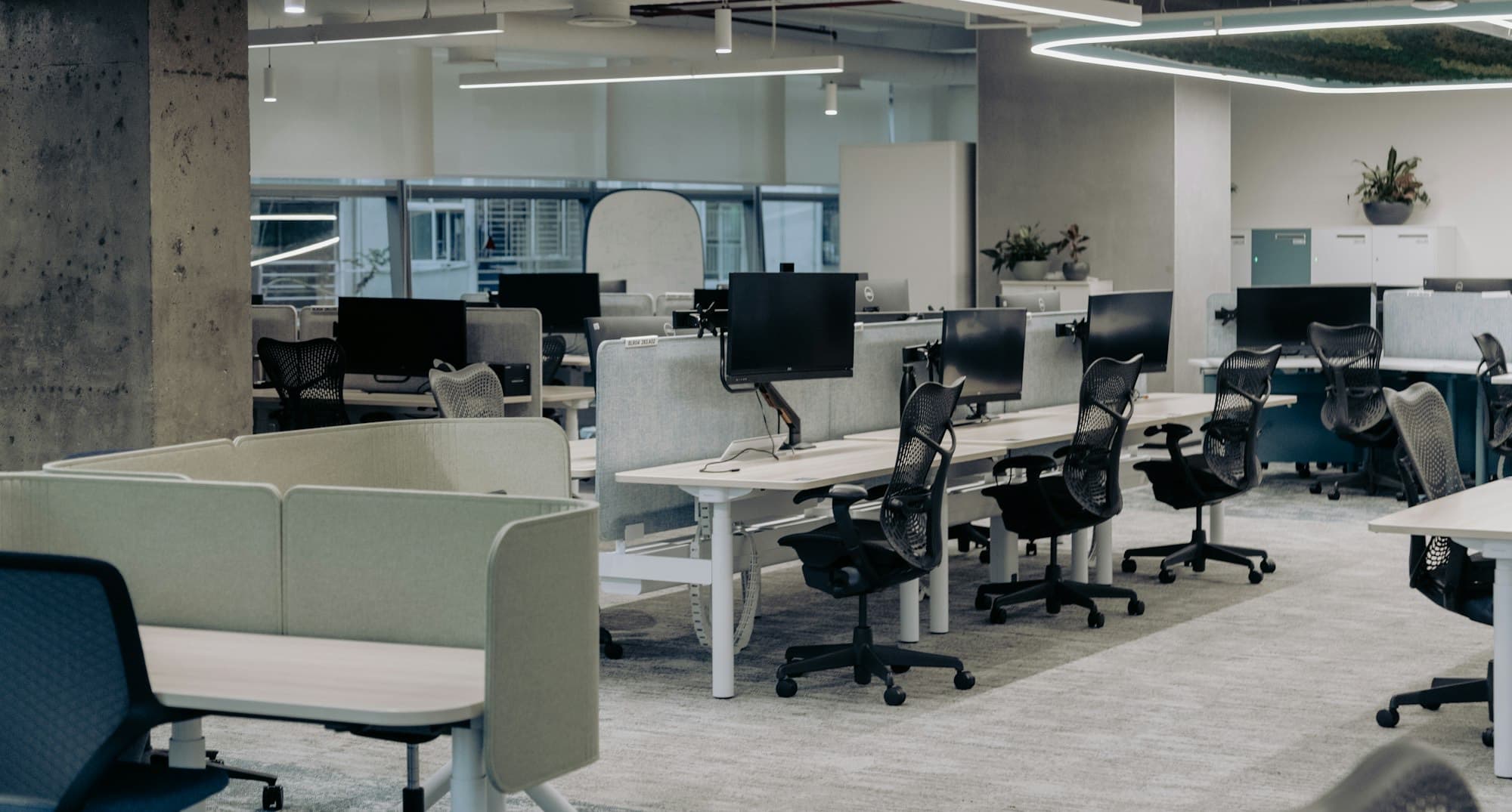 Modern open-plan corporate office with carpeted workspace